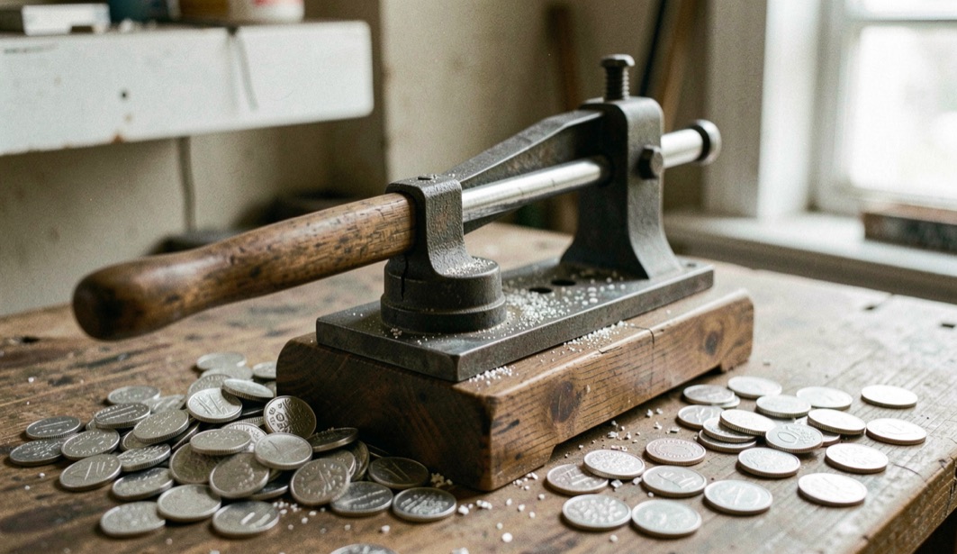 Coin d'atelier de monnaie reconstitué : balancier à frapper en bois et acier, flans d'argent épars, éclats de lumière sur les matrices posées