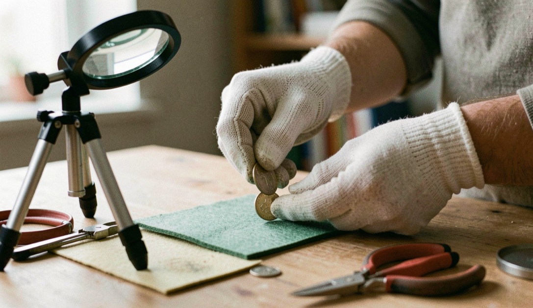 Mains gantées de coton manipulant une pièce d'argent au dessus d'un coin de feutrine, cale pinces et loupe trépied autour du plan de travail