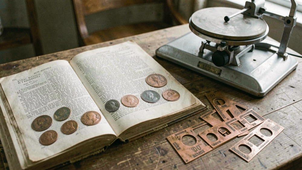Double page d'un dictionnaire de numismatique ancien posé à côté de gabarits de modules en laiton et d'une balance de précision au plateau