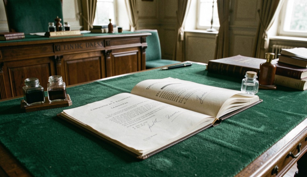 Salle des actes d'un ministère des Finances du XIXe siècle : table de velours vert, encriers, convention monétaire de 1865 ouverte à la page des signatures