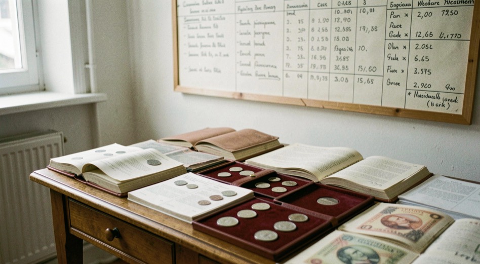 Table de vente aux enchères numismatiques : portefeuille de pièces présenté au commissaire-priseur, catalogues ouverts, panneau de cotes manuscrites au mur