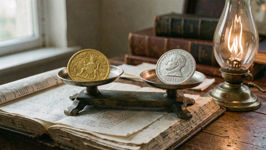 Balance de trésorier à deux plateaux pesant ensemble un écu d'or et un écu d'argent, fond de livre de comptes du XIXe siècle, lumière de lampe à huile