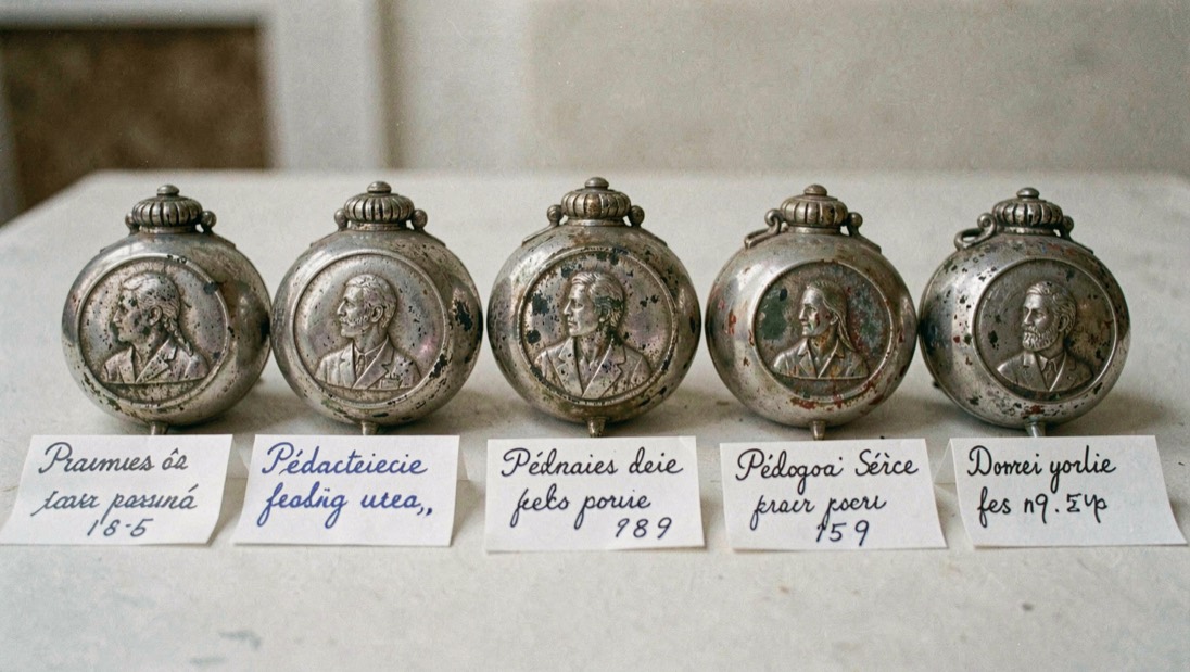 Série pédagogique de cinq pièces d'argent du même type alignées de neuf à très usées, étiquettes d'état calligraphiées devant chaque exemplaire