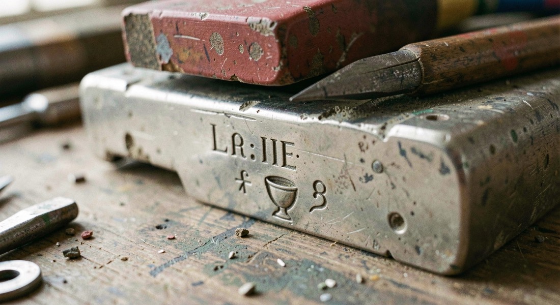 Macrophotographie d'un different d'atelier : minuscule lettre maîtresse et cornucupe gravés sous la terrasse d'une pièce d'argent, grain de métal visible