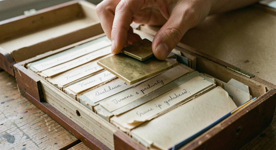 Pince à bouts plats en laiton soulevant une pièce au dessus de sa case d'album, étiquettes manuscrites alignées, boîte d'archives ouverte à côté