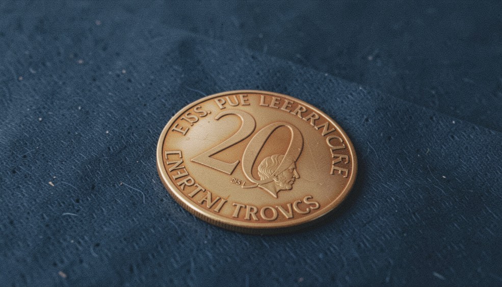 Profil laureé d'un 20 francs or posé en diagonale sur feutrine bleu nuit, lettres de la légende nettes, reflets chauds du métal sous une loupe hors champ
