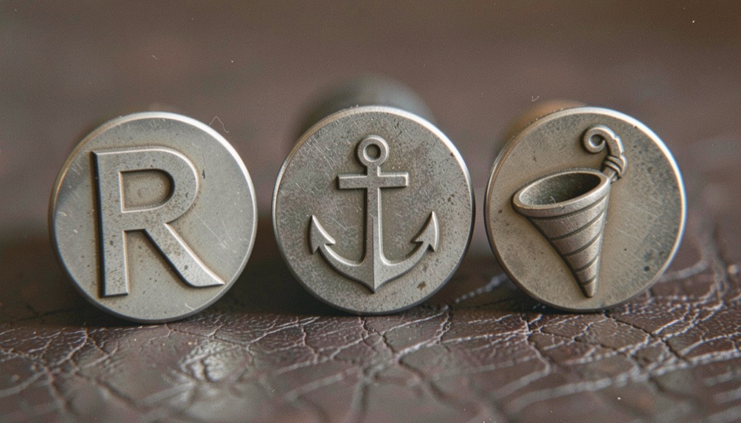 Trois petits poinçons de maître monétaire posés côte à côte sur cuir sombre : lettres, ancre et cornucupe gravées en creux, moirage de l'acier