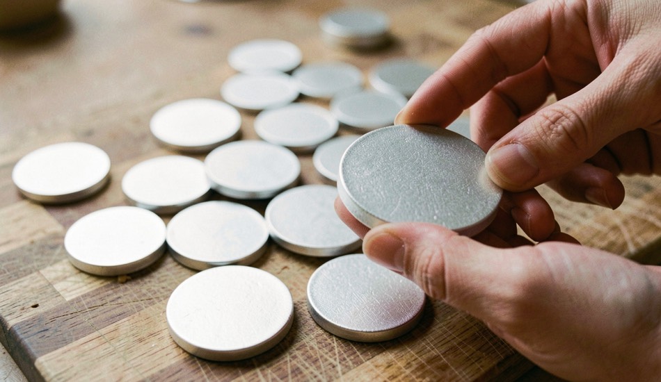 Flans d'argent vierges fraîchement découpés répandus sur une planche de bois, disques mats au bord encore net, un flan tenu entre deux doigts