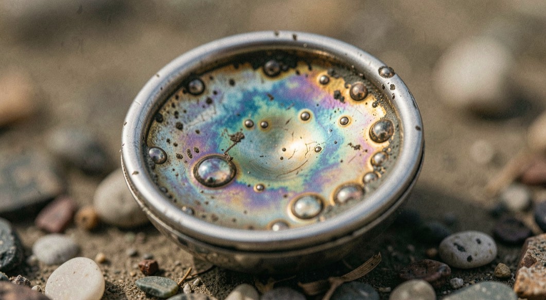 Détail d'une patine naturelle irisée sur une pièce d'argent enterrée longtemps, reflets bleutés et dorés sur le métal, bulles d'oxydation anciennes