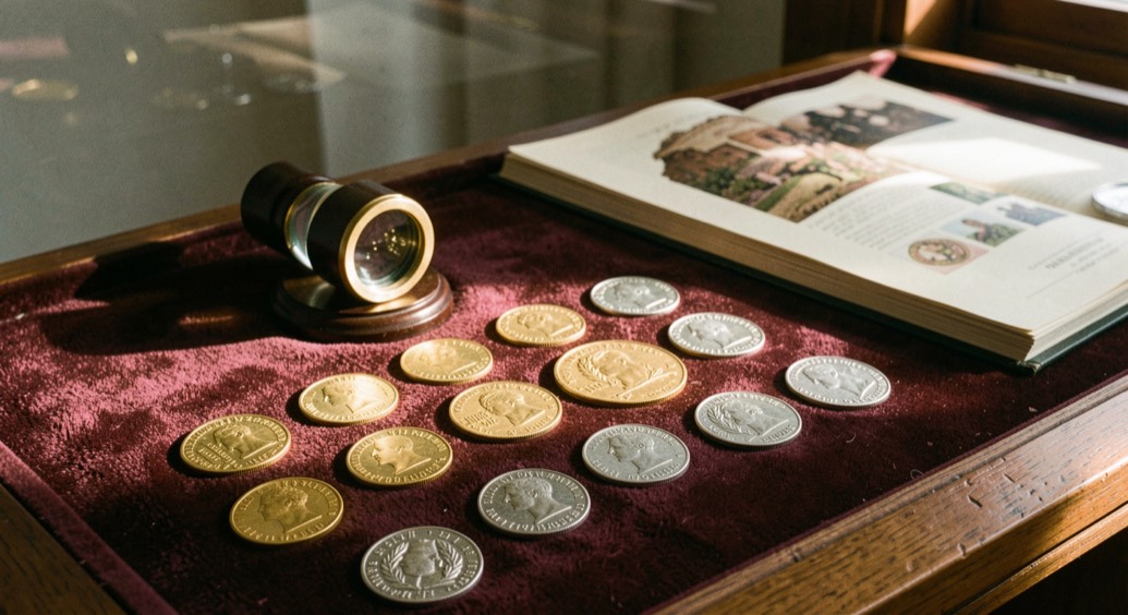 Mise en scène de cabinet de numismatique : pièces d'or et d'argent de l'Union latine posées sur un velours bordeaux, loupe et catalogue au fond, lumière chaude rasante